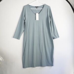 Eileen Fisher Viscose‎ Jersey V Neck Shift Dress M/M Blue Lagenlook NWT Basics